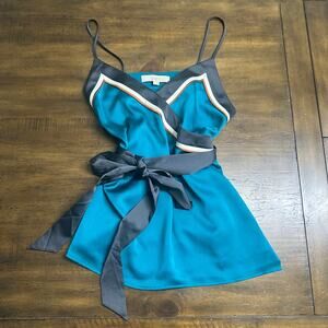 LOFT Womens Teal Satin Cami Top Colorblock Trim Tie Waist Sleeveless Size Small